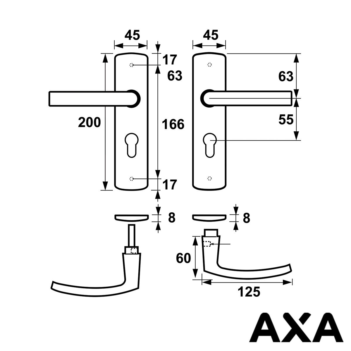 Alternatieve afbeelding voor DEURBESLAG ALUMINIUM AXA OP SCHILD PC55 LUXE