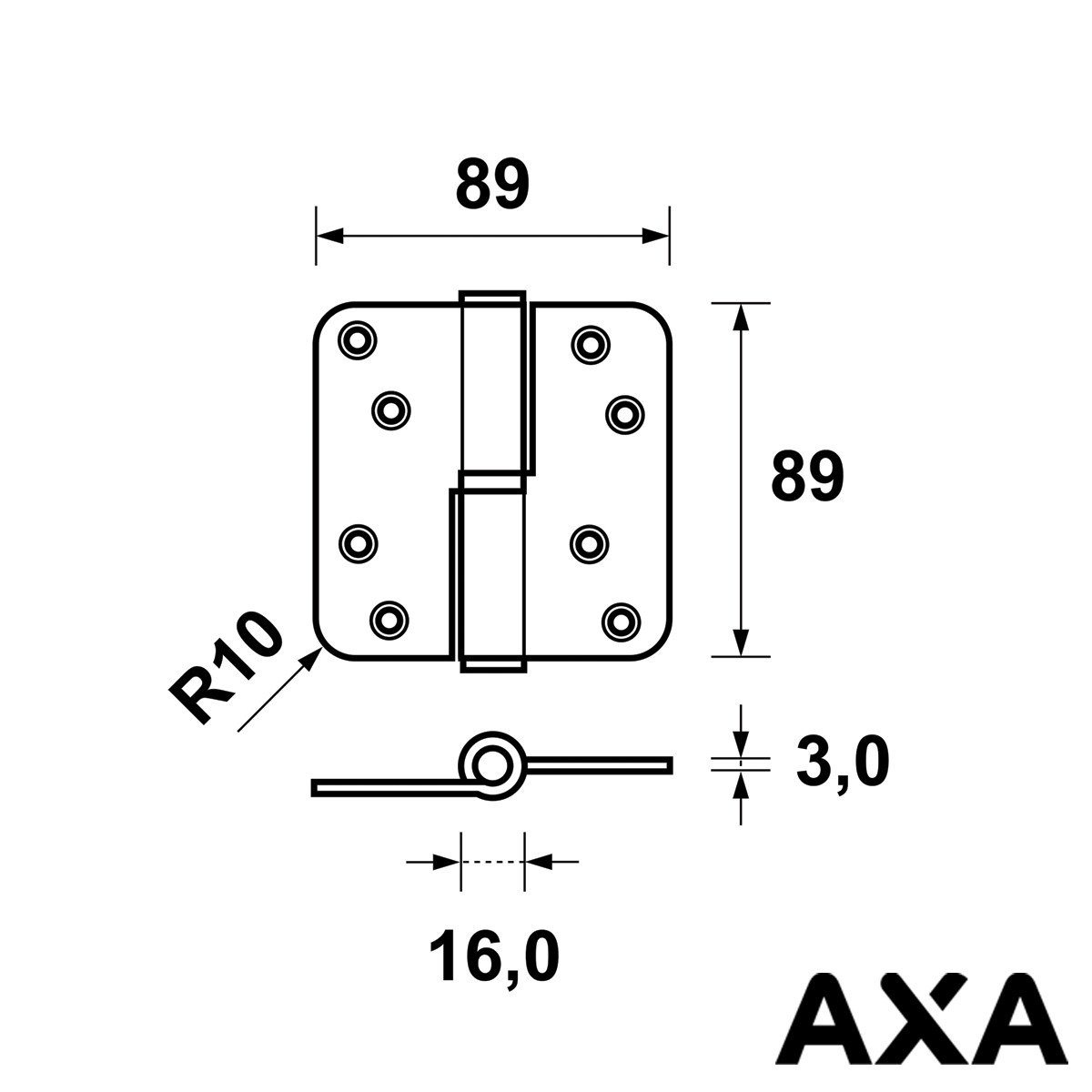 Alternatieve afbeelding voor KOGELPAUMELLE SCHARNIER 89X89MM RONDE HOEK LINKS STAAL AXA