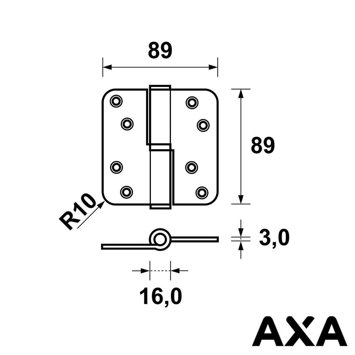 Alternatieve afbeelding voor KOGELPAUMELLE SCHARNIER 89X89MM RONDE HOEK RECHTS STAAL AXA