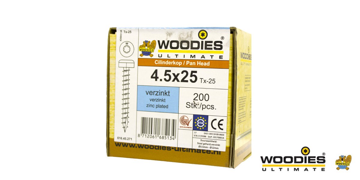 Alternatieve afbeelding voor Woodies Cilinderkopschroeven verzinkt TORX-25 4,5x25mm 200 stuks 