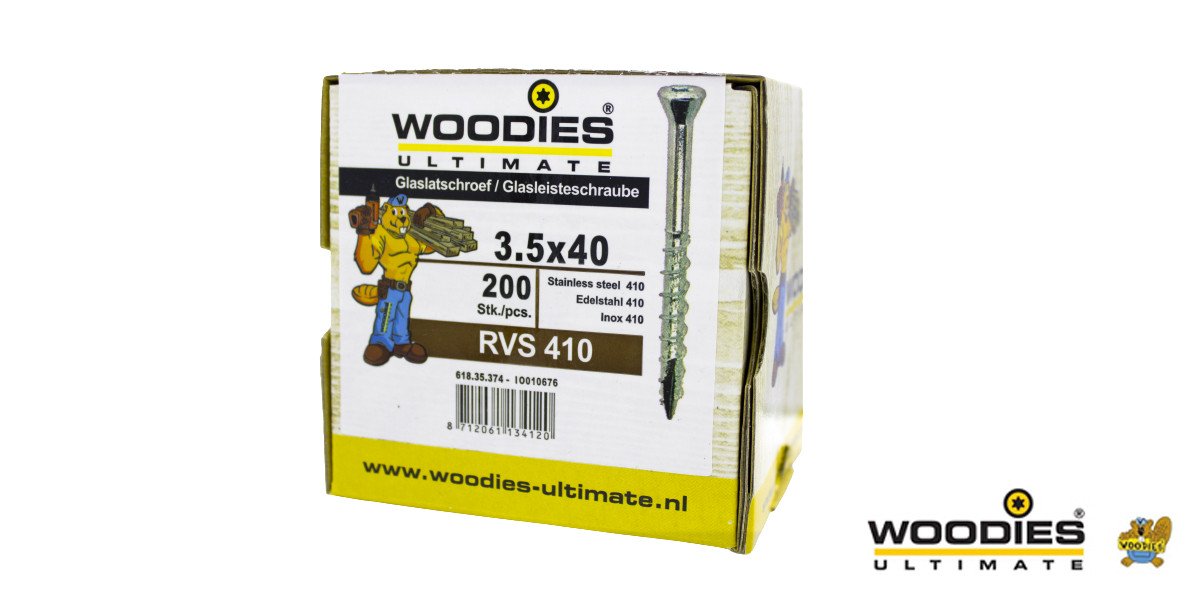 Alternatieve afbeelding voor Woodies  glaslatschroef RVS 410 C1 TORX-10 platkop 3,5x40/26 deeldraad 200 stuks