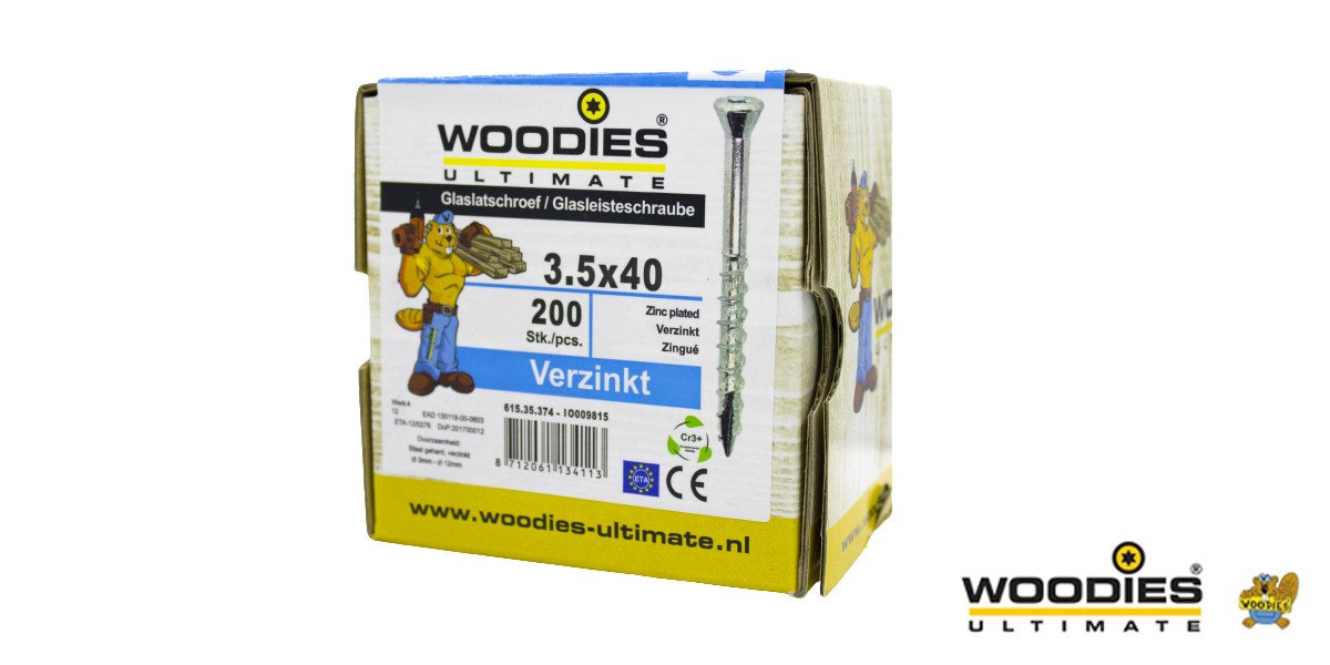 Alternatieve afbeelding voor Woodies  glaslatschroef verzinkt TORX-10 platkop 3,5x40/26 deeldraad 200 stuks