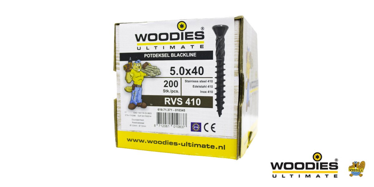 Alternatieve afbeelding voor Woodies potdekselschroeven Blackline RVS 410 zwart TORX-25 5x40 freeskop 200 stuks 