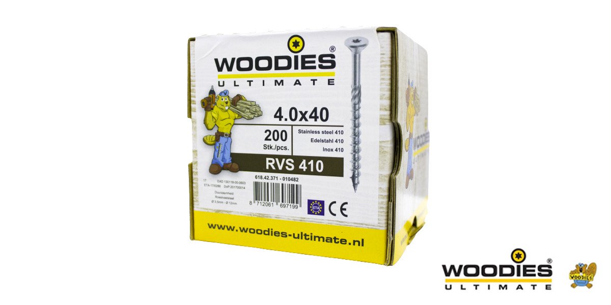 Alternatieve afbeelding voor Woodies schroeven RVS 410 C1 TORX-20 platkop 4x40/24mm deeldraad 200 stuks