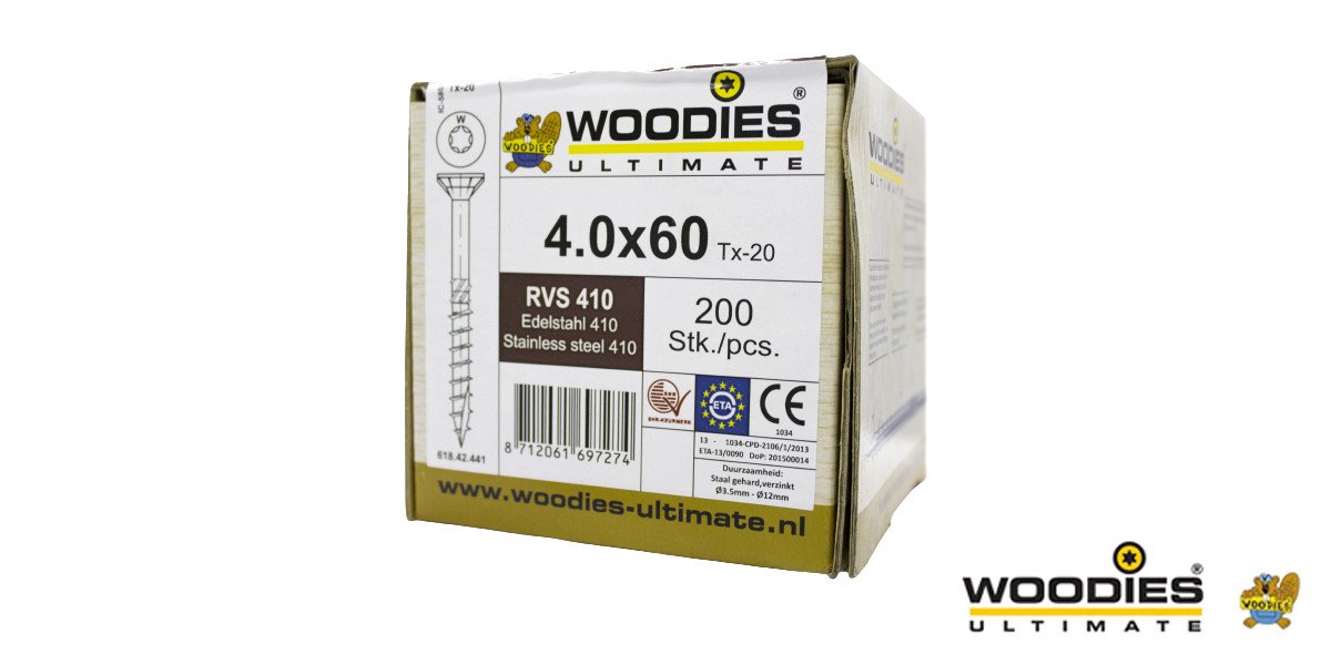 Alternatieve afbeelding voor Woodies schroeven RVS 410 C1 TORX-20 platkop 4x60/35mm deeldraad 200 stuks