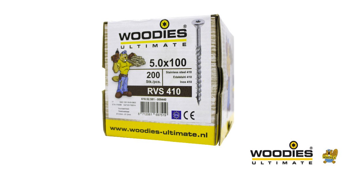 Alternatieve afbeelding voor Woodies schroeven RVS 410 C1 TORX-25 platkop 5x100/60mm deeldraad 200 stuks