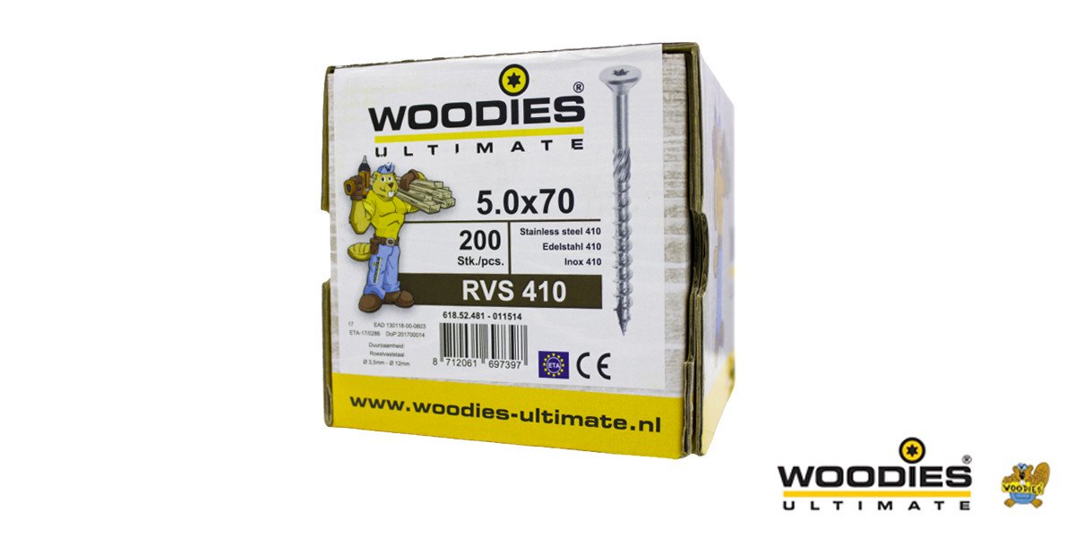 Alternatieve afbeelding voor Woodies schroeven RVS 410 C1 TORX-25 platkop 5x70/40mm deeldraad 200 stuks