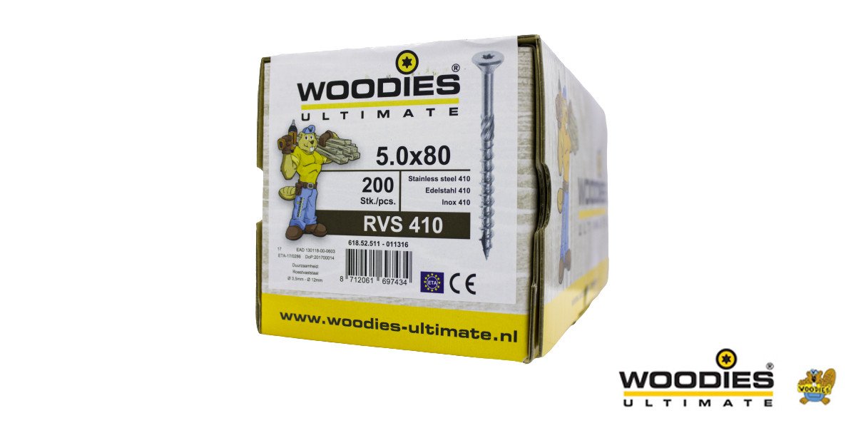 Alternatieve afbeelding voor Woodies schroeven RVS 410 C1 TORX-25 platkop 5x80/50mm deeldraad 200 stuks