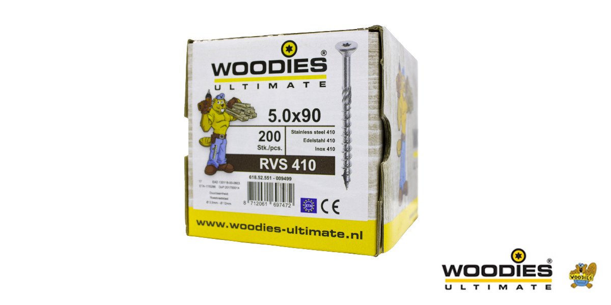 Alternatieve afbeelding voor Woodies schroeven RVS 410 C1 TORX-25 platkop 5x90/55mm deeldraad 200 stuks
