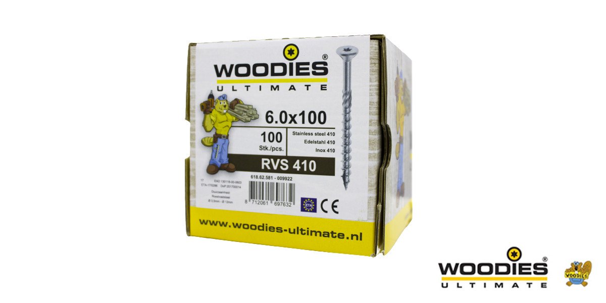 Alternatieve afbeelding voor Woodies schroeven RVS 410 C1 TORX-30 platkop 6x100/60mm deeldraad 100 stuks