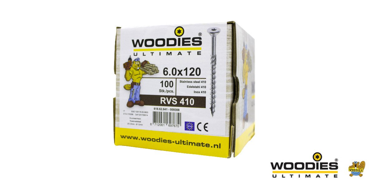 Alternatieve afbeelding voor Woodies schroeven RVS 410 C1 TORX-30 platkop 6x120/70mm deeldraad 100 stuks