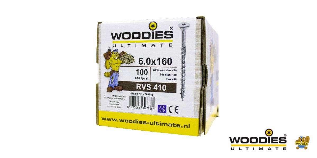 Alternatieve afbeelding voor Woodies schroeven RVS 410 C1 TORX-30 platkop 6x160/70mm deeldraad 100 stuks