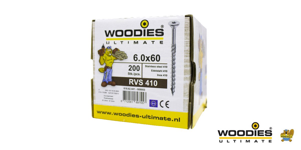 Alternatieve afbeelding voor Woodies schroeven RVS 410 C1 TORX-30 platkop 6x60/35mm deeldraad 200 stuks
