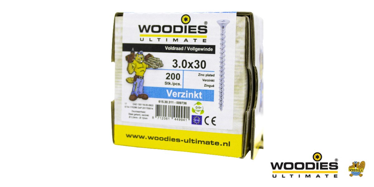 Alternatieve afbeelding voor Woodies schroeven verzinkt TORX-10 platkop 3x30mm 200 stuks