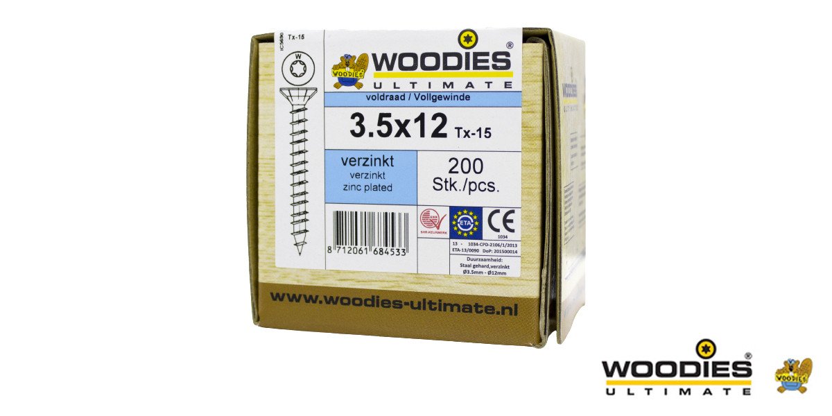 Alternatieve afbeelding voor Woodies schroeven verzinkt TORX-15 platkop 3,5x12mm 200 stuks