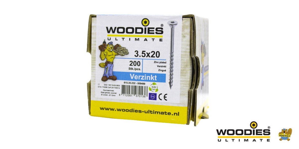 Alternatieve afbeelding voor Woodies schroeven verzinkt TORX-15 platkop 3,5x20/12mm deeldraad 200 stuks