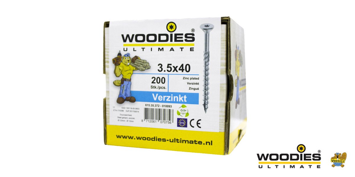 Alternatieve afbeelding voor Woodies schroeven verzinkt TORX-15 platkop 3,5x40/24mm deeldraad 200 stuks