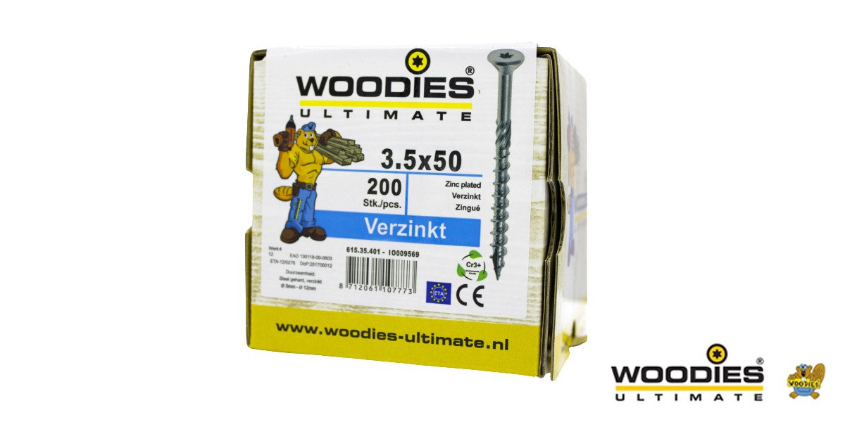 Alternatieve afbeelding voor Woodies schroeven verzinkt TORX-15 platkop 3,5x50/30mm deeldraad 200 stuks
