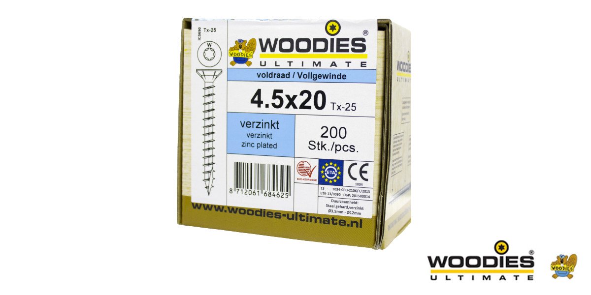 Alternatieve afbeelding voor Woodies schroeven verzinkt TORX-20 platkop 4,5x20mm 200 stuks