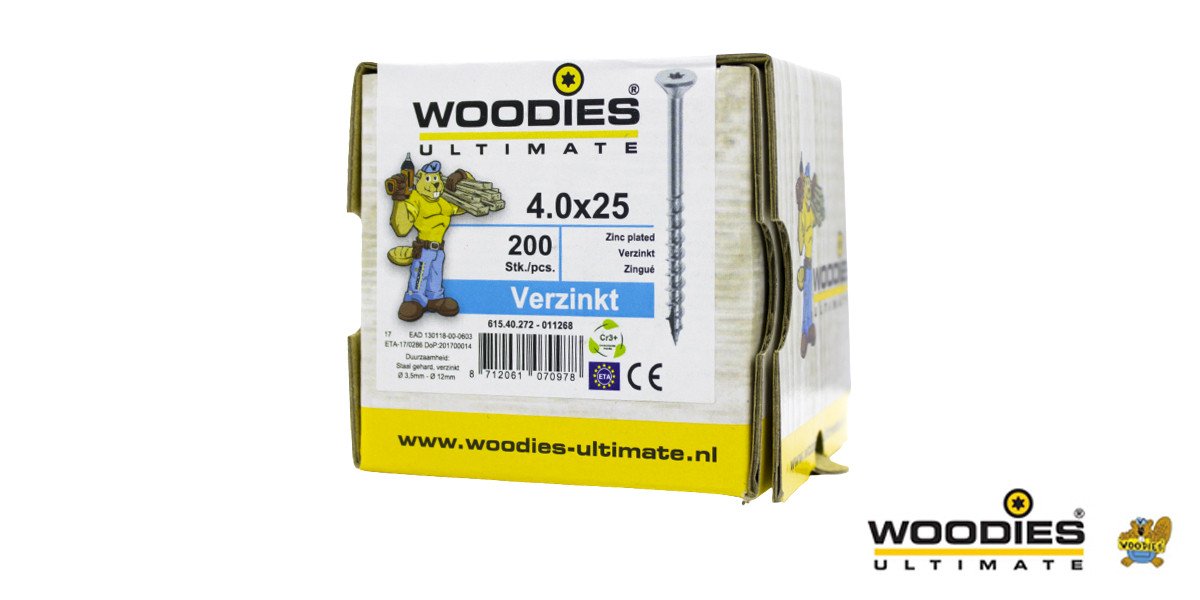 Alternatieve afbeelding voor Woodies schroeven verzinkt TORX-20 platkop 4x25/15mm deeldraad 200 stuks