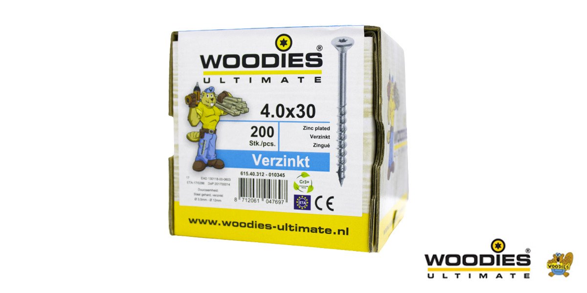 Alternatieve afbeelding voor Woodies schroeven verzinkt TORX-20 platkop 4x30/18mm deeldraad 200 stuks