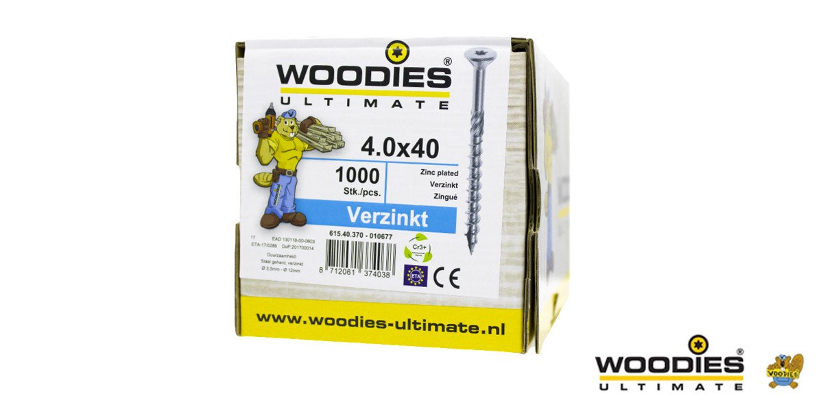 Alternatieve afbeelding voor Woodies schroeven verzinkt TORX-20 platkop 4x40/24mm deeldraad 1000 stuks
