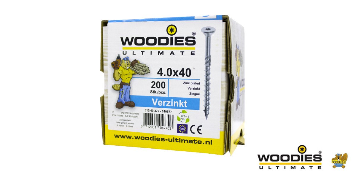 Alternatieve afbeelding voor Woodies schroeven verzinkt TORX-20 platkop 4x40/24mm deeldraad 200 stuks