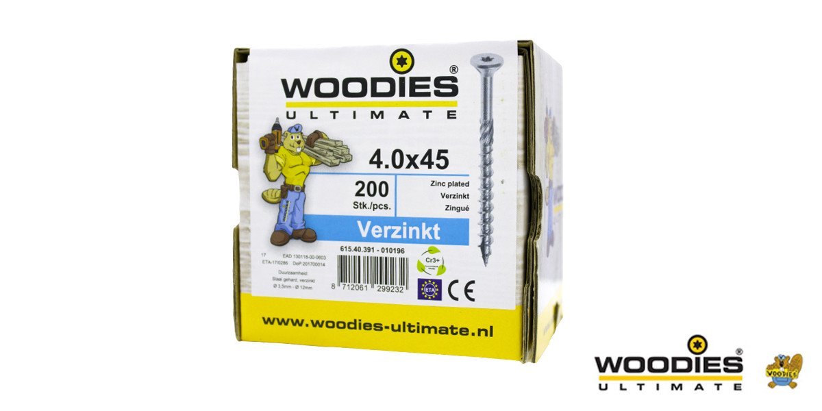 Alternatieve afbeelding voor Woodies schroeven verzinkt TORX-20 platkop 4x45/27mm deeldraad 200 stuks