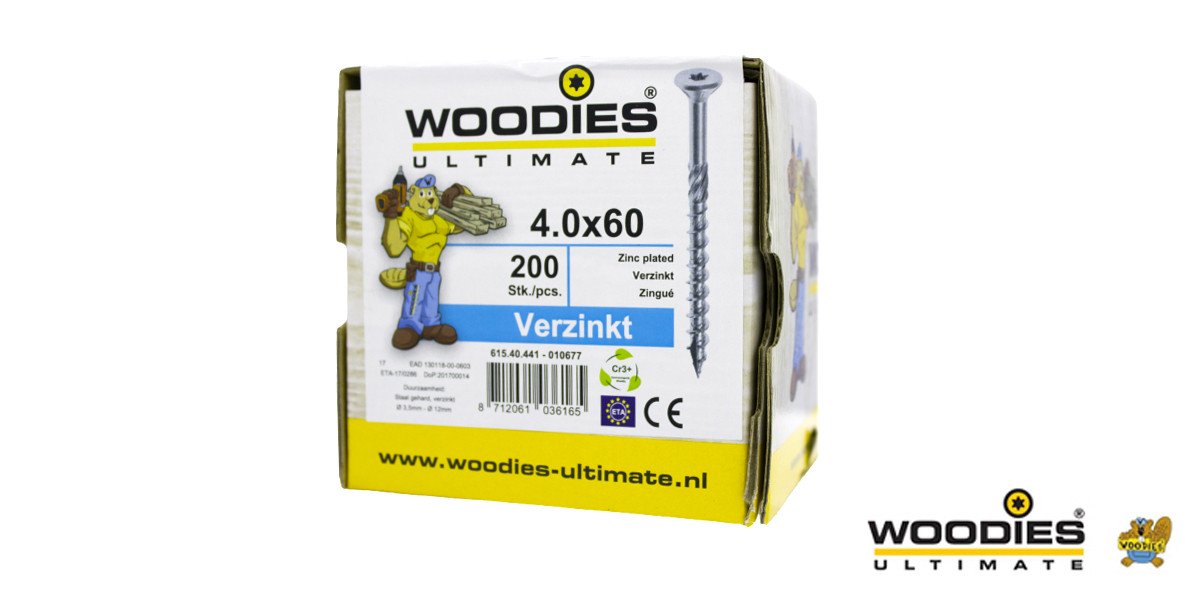Alternatieve afbeelding voor Woodies schroeven verzinkt TORX-20 platkop 4x60/35mm deeldraad 200 stuks