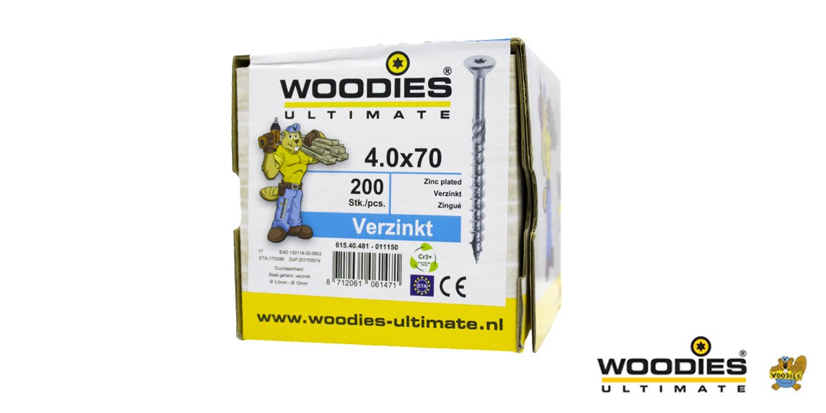 Alternatieve afbeelding voor Woodies schroeven verzinkt TORX-20 platkop 4x70/40mm deeldraad 200 stuks