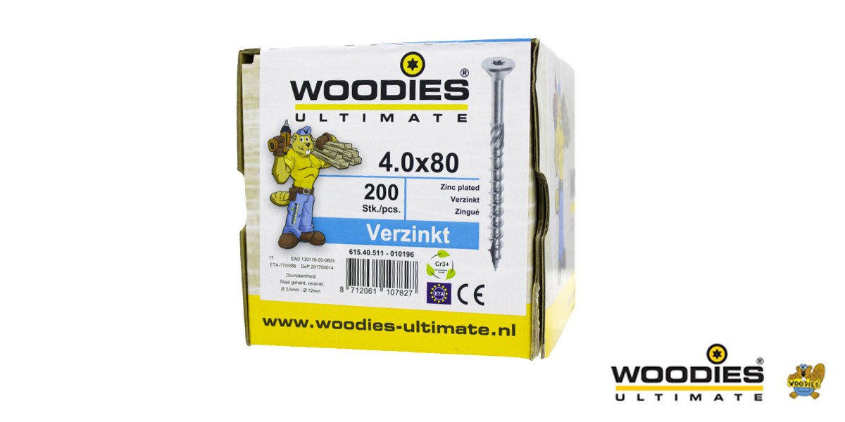 Alternatieve afbeelding voor Woodies schroeven verzinkt TORX-20 platkop 4x80/50mm deeldraad 200 stuks