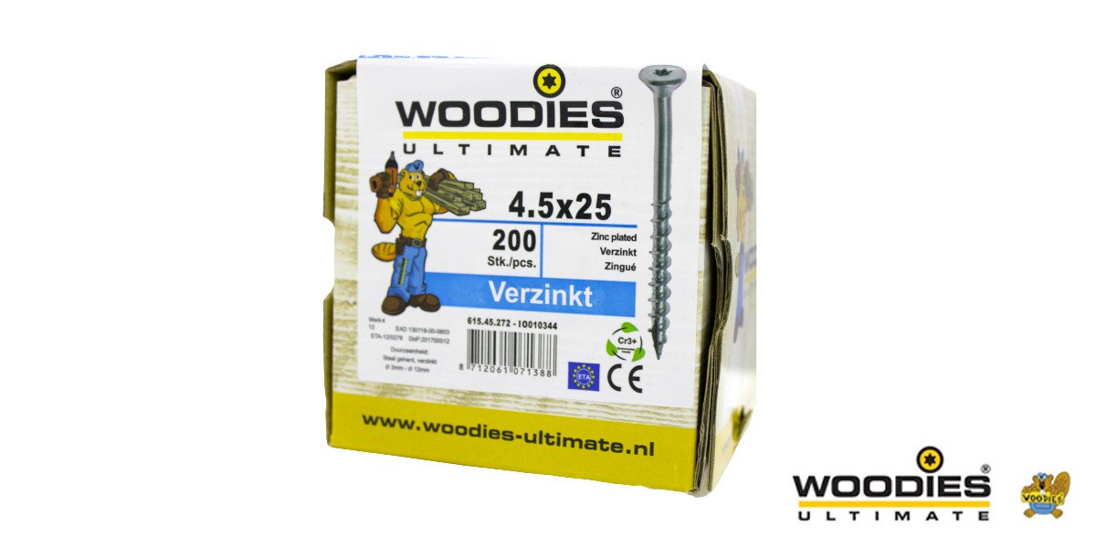 Alternatieve afbeelding voor Woodies schroeven verzinkt TORX-25 platkop 4,5x25/15mm deeldraad 200 stuks