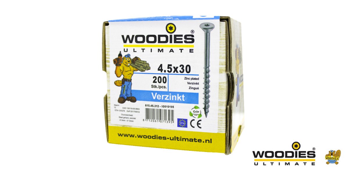 Alternatieve afbeelding voor Woodies schroeven verzinkt TORX-25 platkop 4,5x30/18mm deeldraad 200 stuks