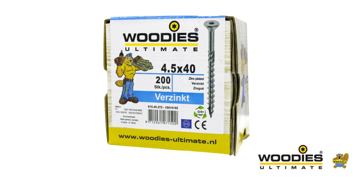 Alternatieve afbeelding voor Woodies schroeven verzinkt TORX-25 platkop 4,5x40/24mm deeldraad 200 stuks