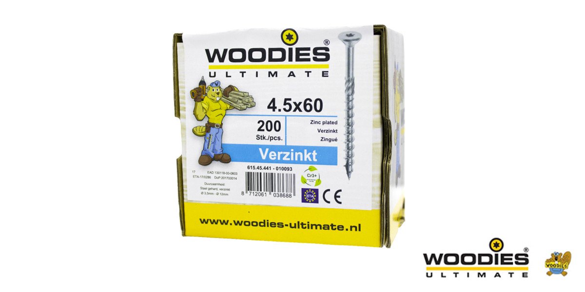 Alternatieve afbeelding voor Woodies schroeven verzinkt TORX-25 platkop 4,5x60/35mm deeldraad 200 stuks