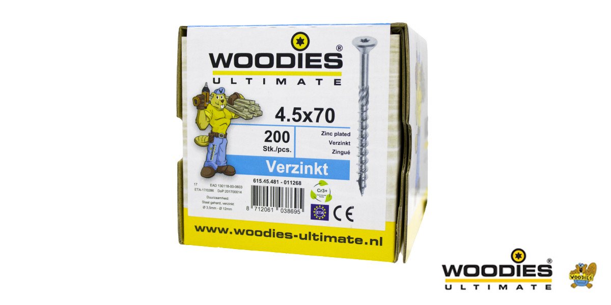 Alternatieve afbeelding voor Woodies schroeven verzinkt TORX-25 platkop 4,5x70/40mm deeldraad 200 stuks