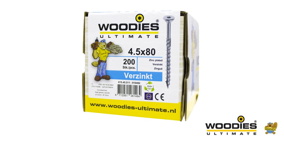 Alternatieve afbeelding voor Woodies schroeven verzinkt TORX-25 platkop 4,5x80/50mm deeldraad 200 stuks
