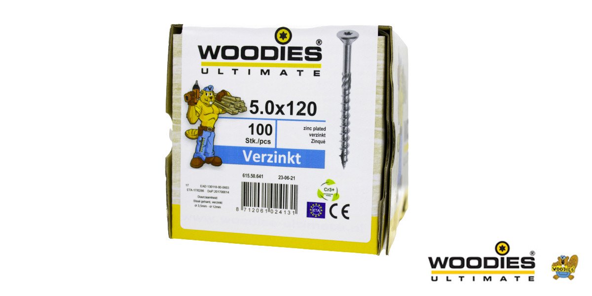 Alternatieve afbeelding voor Woodies schroeven verzinkt TORX-25 platkop 5x120/70mm deeldraad 100 stuks