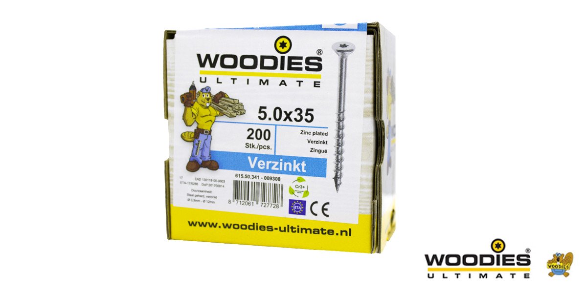 Alternatieve afbeelding voor Woodies schroeven verzinkt TORX-25 platkop 5x35/20mm deeldraad 200 stuks