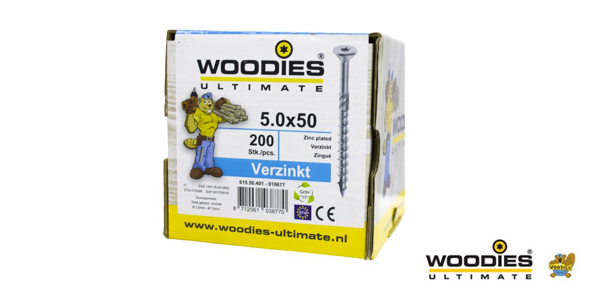 Alternatieve afbeelding voor Woodies schroeven verzinkt TORX-25 platkop 5x50/30mm deeldraad 200 stuks