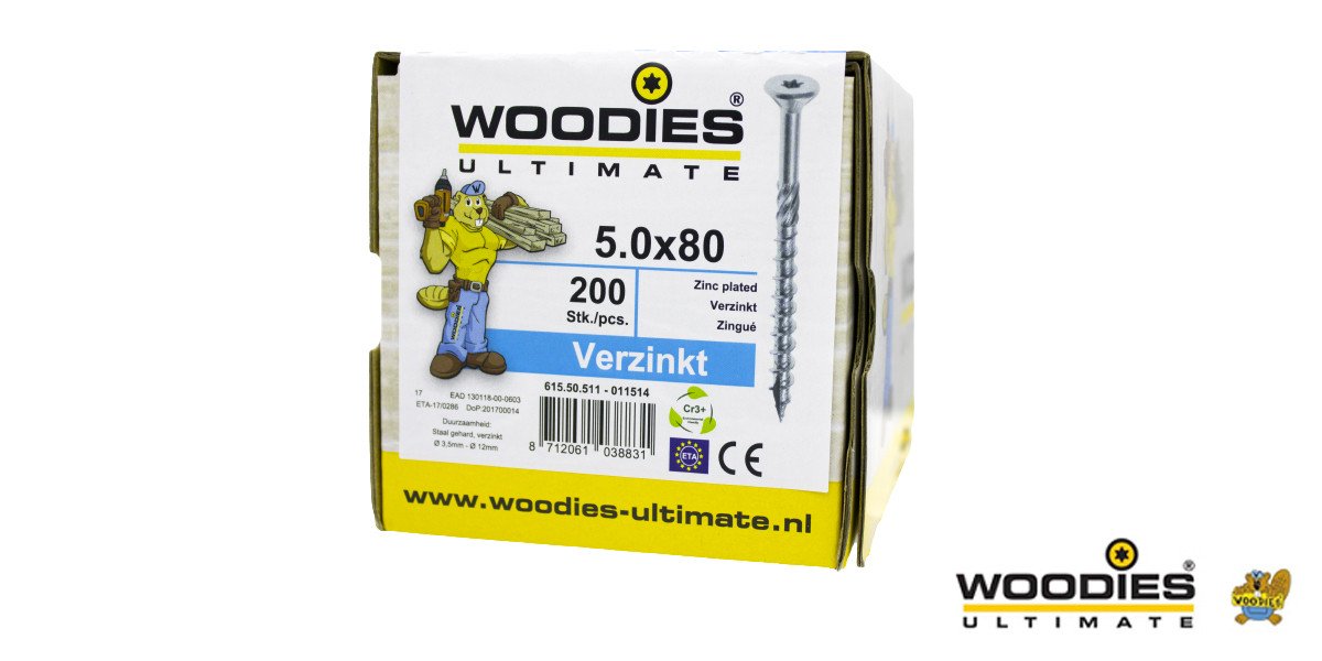 Alternatieve afbeelding voor Woodies schroeven verzinkt TORX-25 platkop 5x80/50mm deeldraad 200 stuks