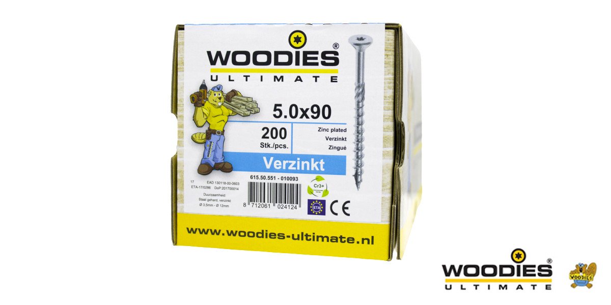 Alternatieve afbeelding voor Woodies schroeven Verzinkt TORX-25 platkop 5x90/55mm deeldraad 200 stuks