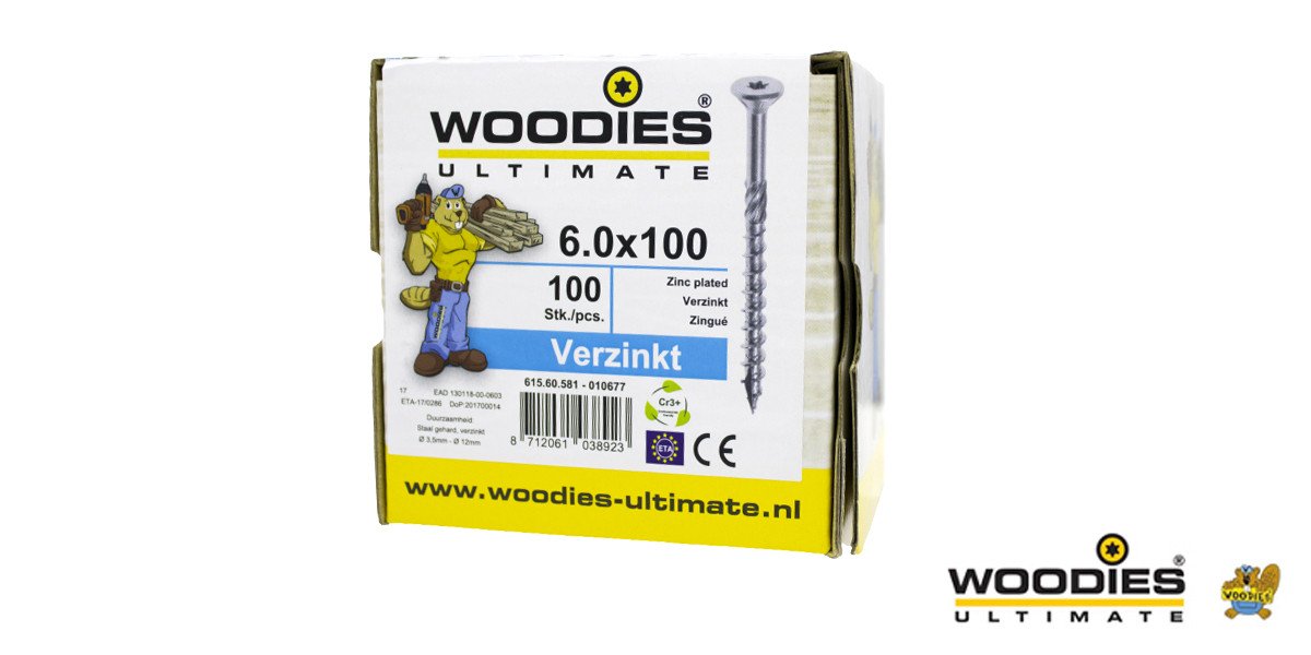 Alternatieve afbeelding voor Woodies schroeven verzinkt TORX-30 platkop 6x100/60mm deeldraad 100 stuks
