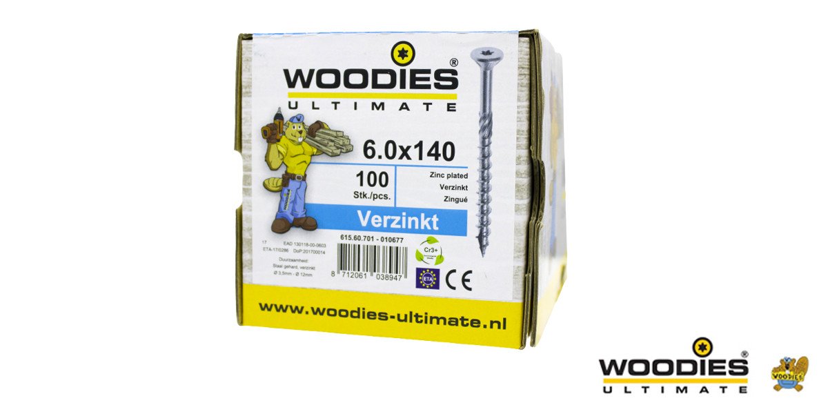 Alternatieve afbeelding voor Woodies schroeven verzinkt TORX-30 platkop 6x140/70mm deeldraad 100 stuks