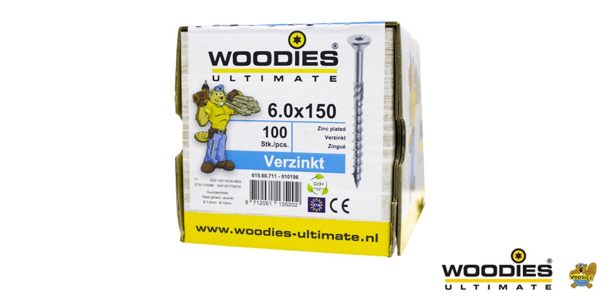 Alternatieve afbeelding voor Woodies schroeven verzinkt TORX-30 platkop 6x150/70mm deeldraad 100 stuks