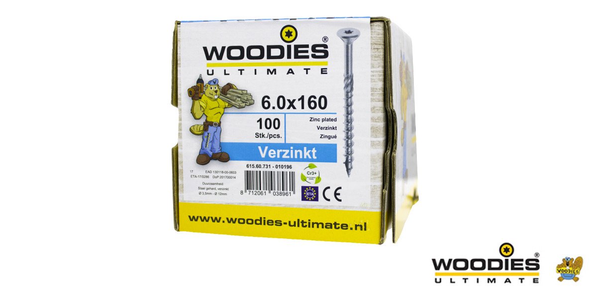 Alternatieve afbeelding voor Woodies schroeven verzinkt TORX-30 platkop 6x160/70mm deeldraad 100 stuks