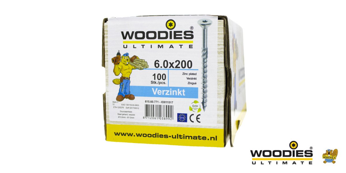 Alternatieve afbeelding voor Woodies schroeven verzinkt TORX-30 platkop 6x200/70mm deeldraad 100 stuks