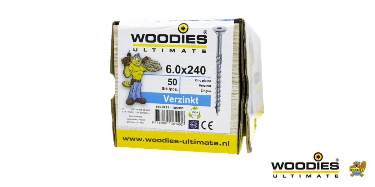 Alternatieve afbeelding voor Woodies schroeven verzinkt TORX-30 platkop 6x240/70mm deeldraad 50 stuks
