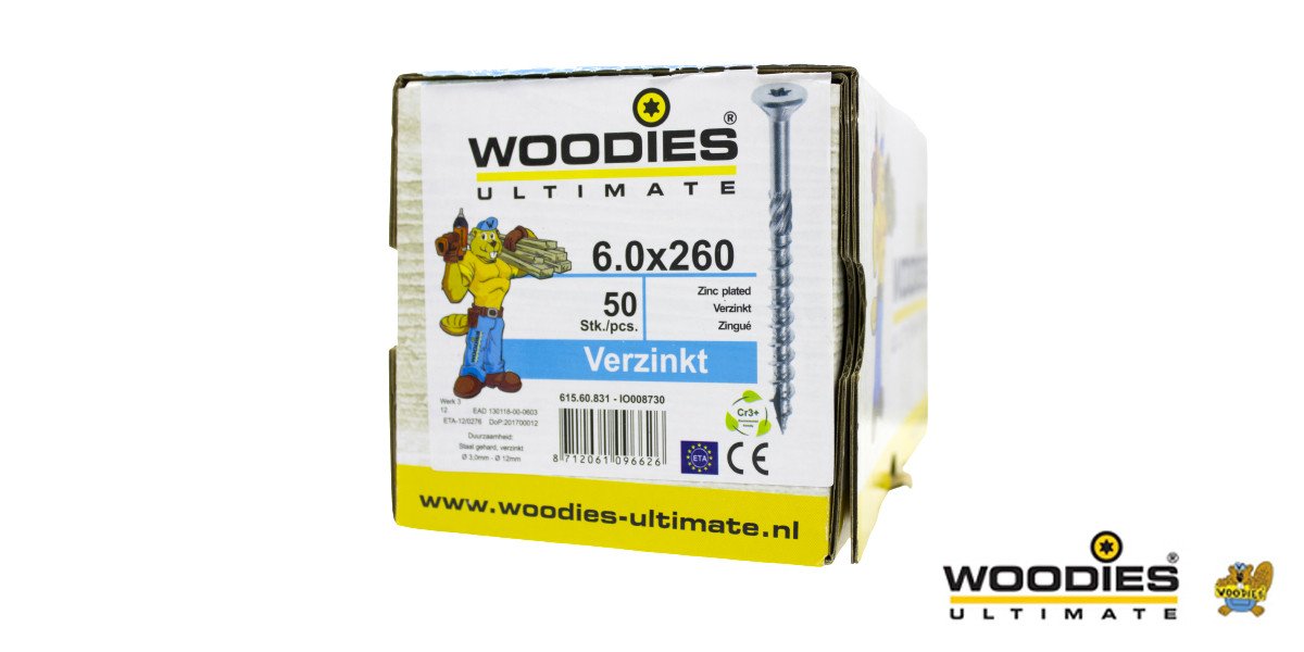 Alternatieve afbeelding voor Woodies schroeven verzinkt TORX-30 platkop 6x260/70mm deeldraad 50 stuks