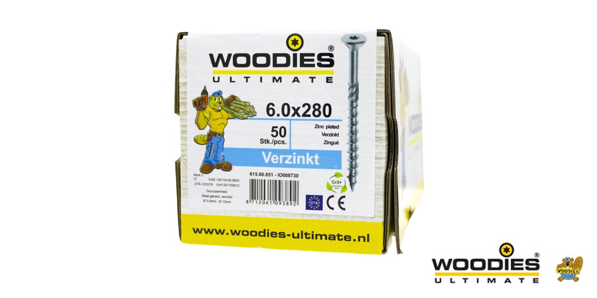 Alternatieve afbeelding voor Woodies schroeven verzinkt TORX-30 platkop 6x280/70mm deeldraad 50 stuks